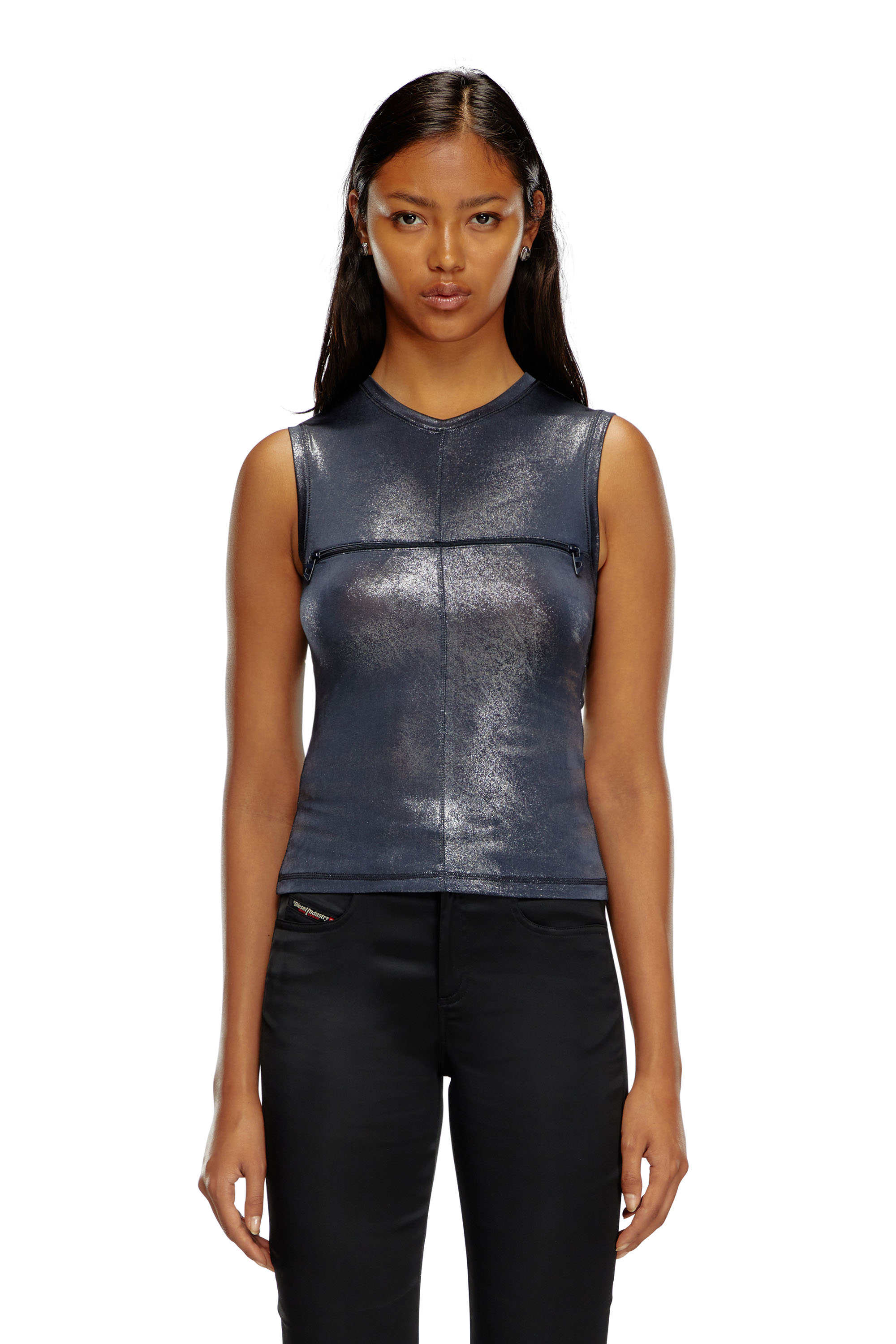 Diesel - T-VEZZY, Woman's Metallic tank top with chest slit in Blue - 4