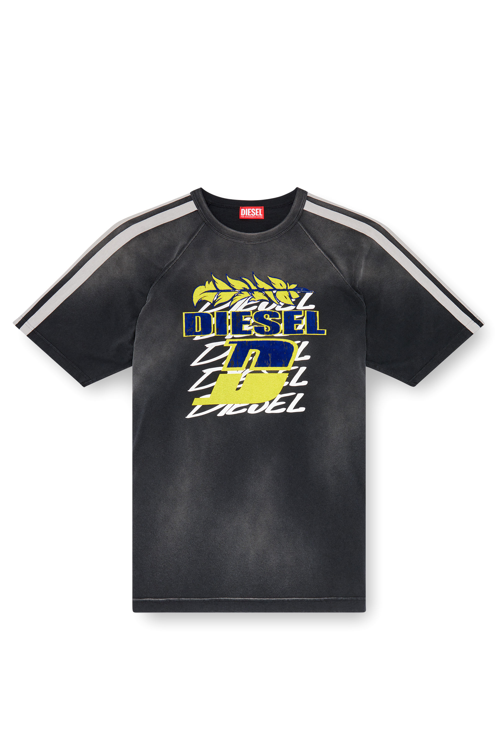 Diesel - T-ROXT-STRIPE, Man's Faded T-shirt with flocked logo print in Black - 4