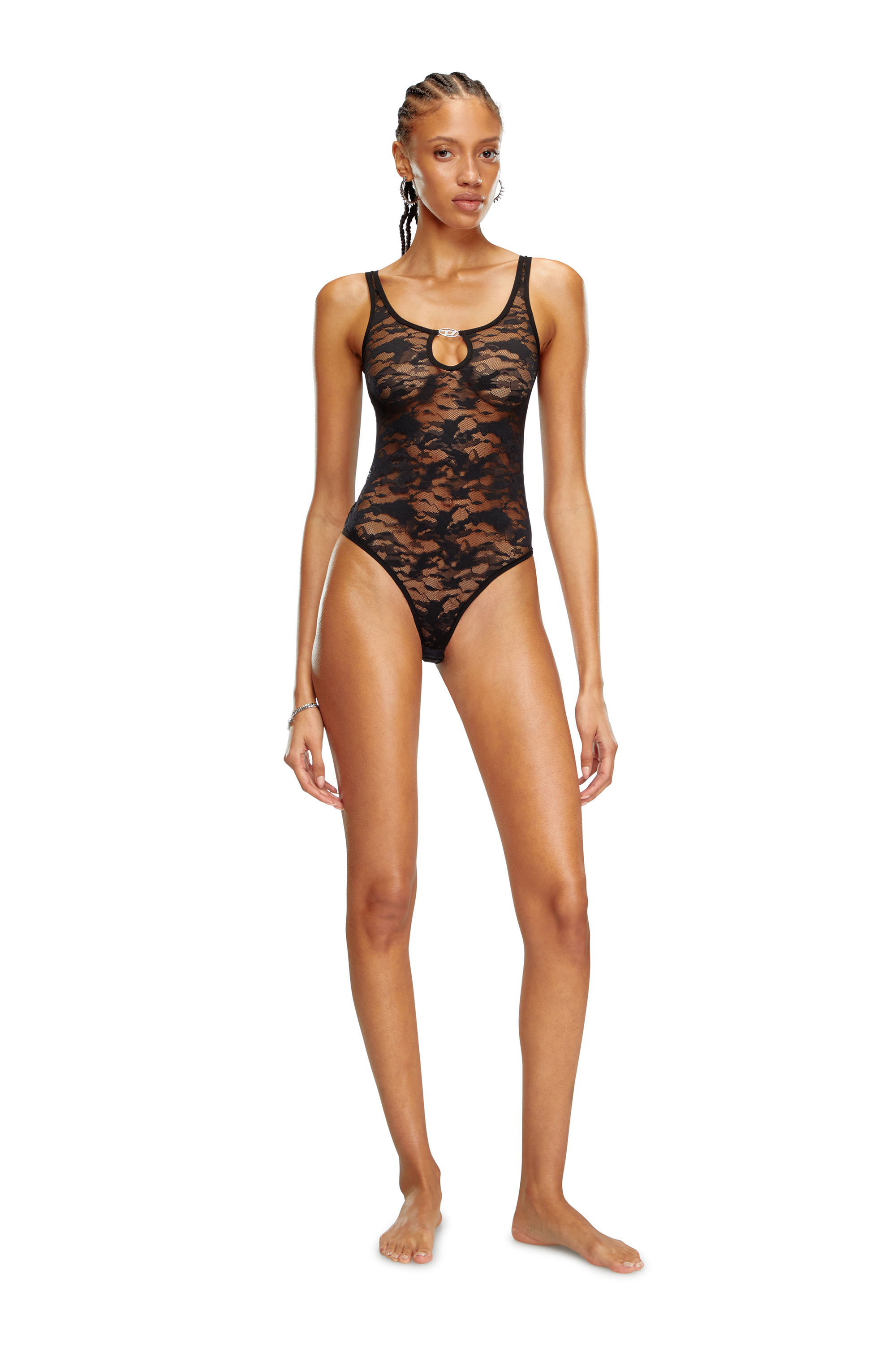 Diesel - UFBY-D-OVAL-LACE-BODYSUIT, Woman's Camo lace bodysuit with Oval D plaque in Black - 1