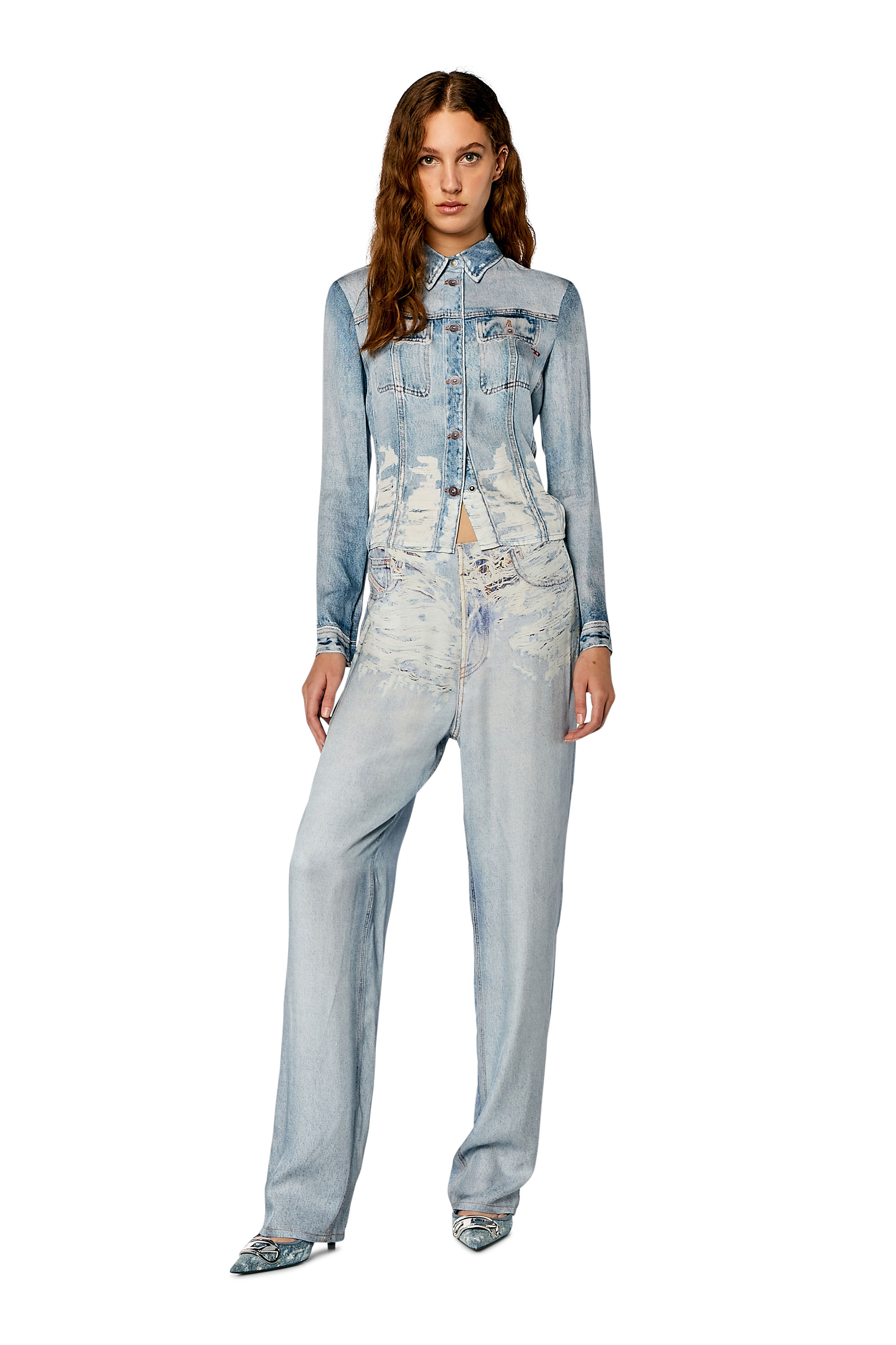 Diesel - P-SARKY, Woman's Fluid pants with denim print in Light Blue - 2