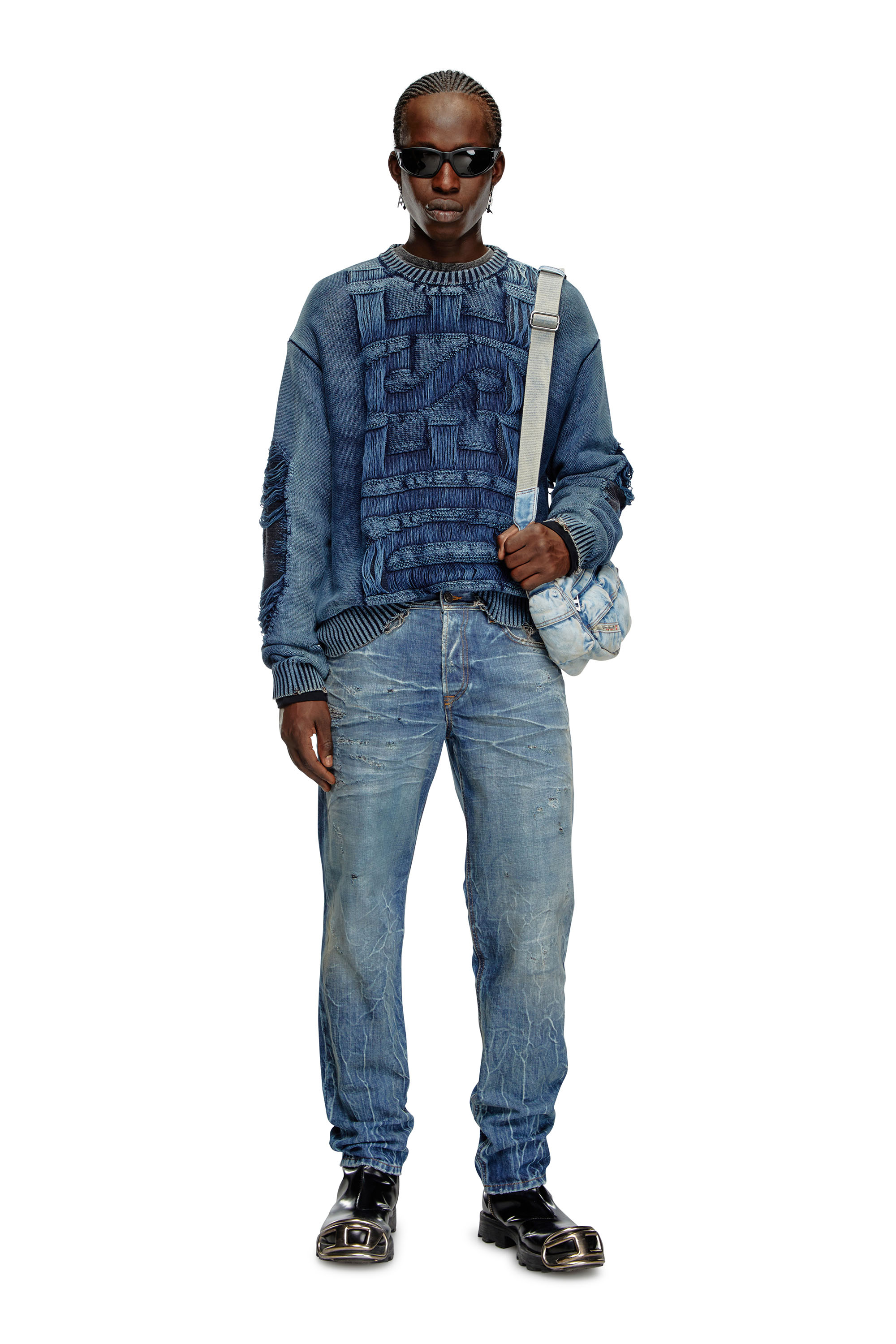 Diesel - K-ROTTISSIMO, Man's Destroyed jumper with floating yarn logo in Blue - 5