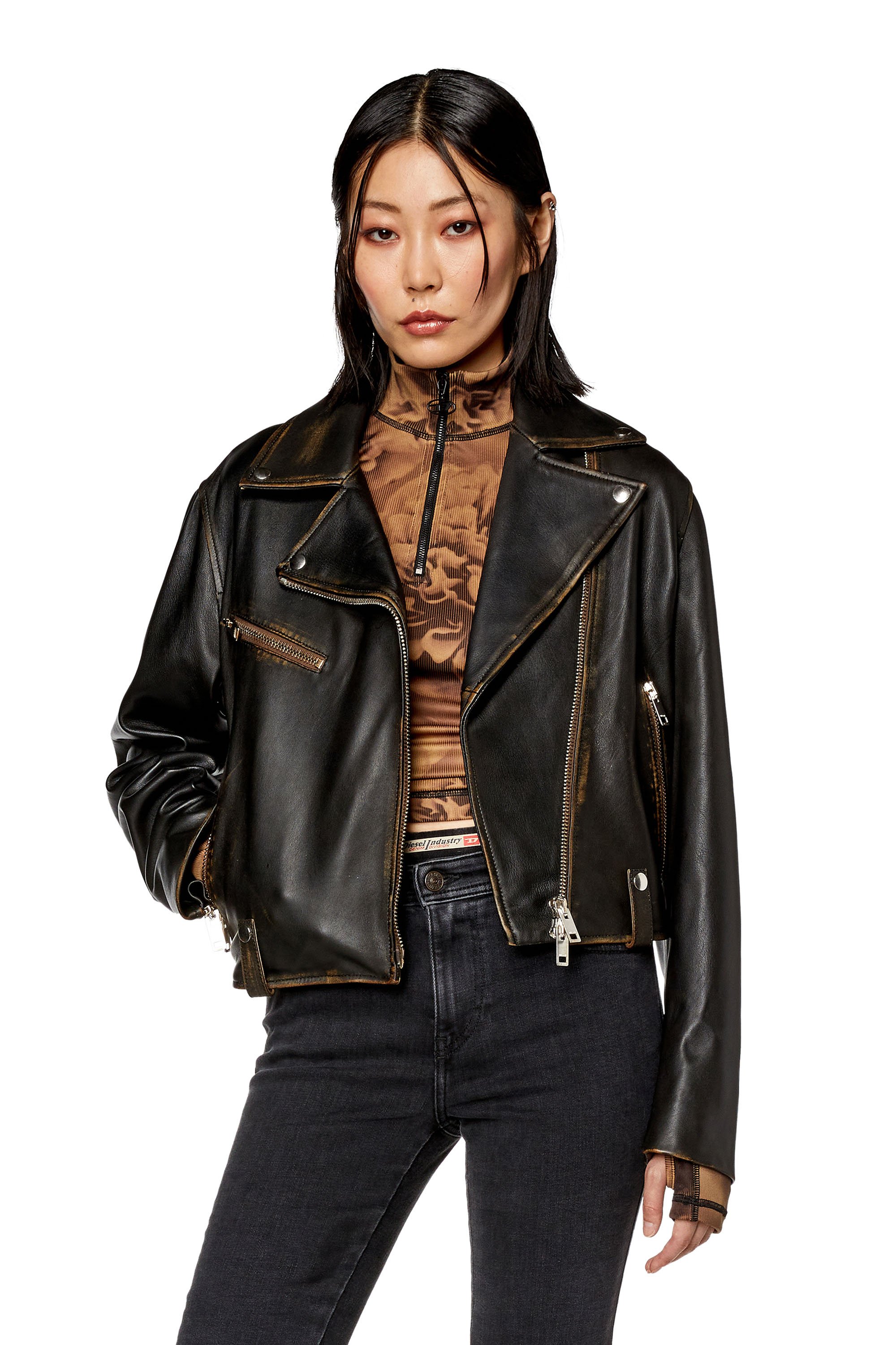 Diesel - L-EDME, Woman's Biker jacket in tumbled leather in Black - 1