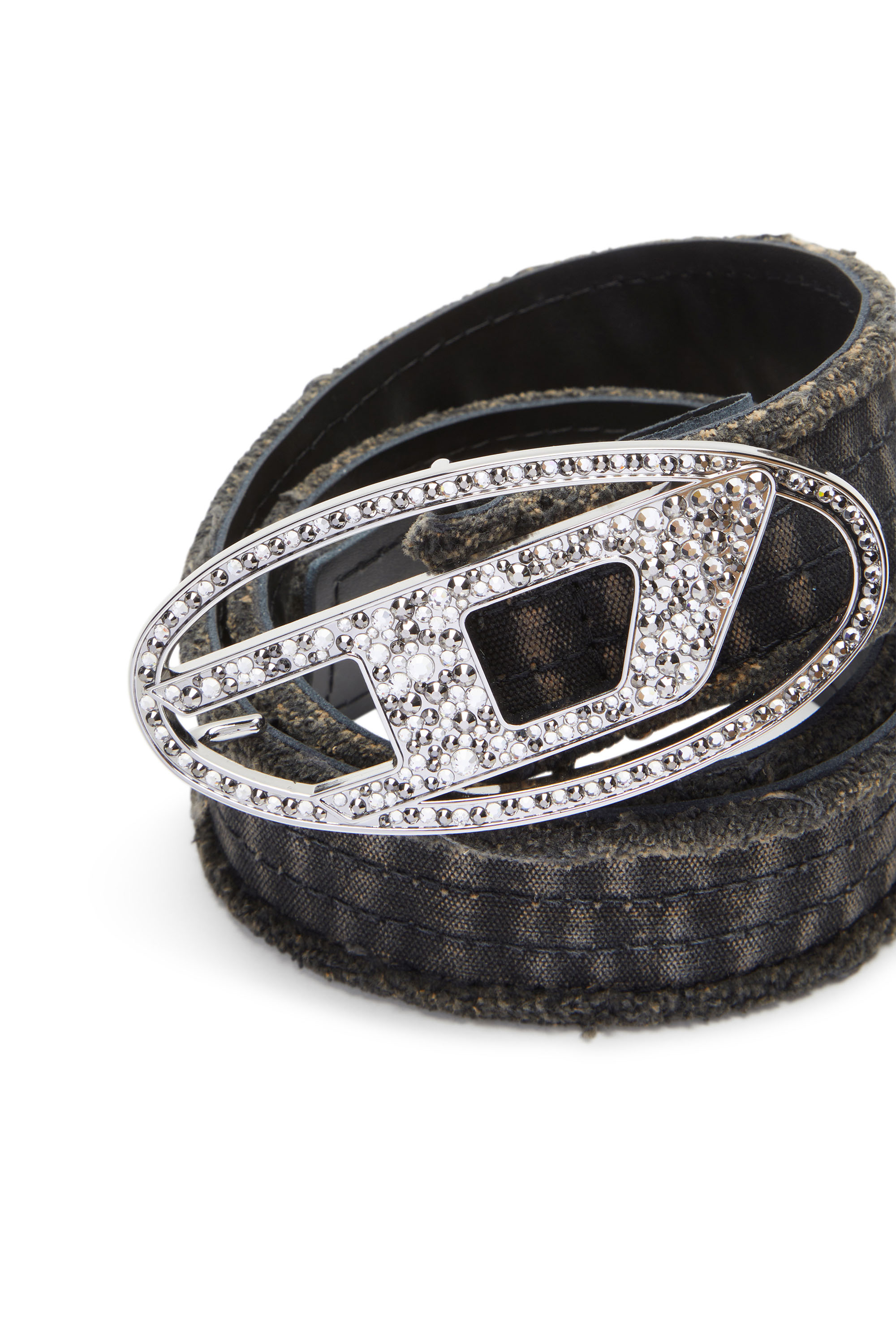 Diesel - B-1DR STRASS, Cinturón de lona y cuero con cristales Mujer in Negro - 3