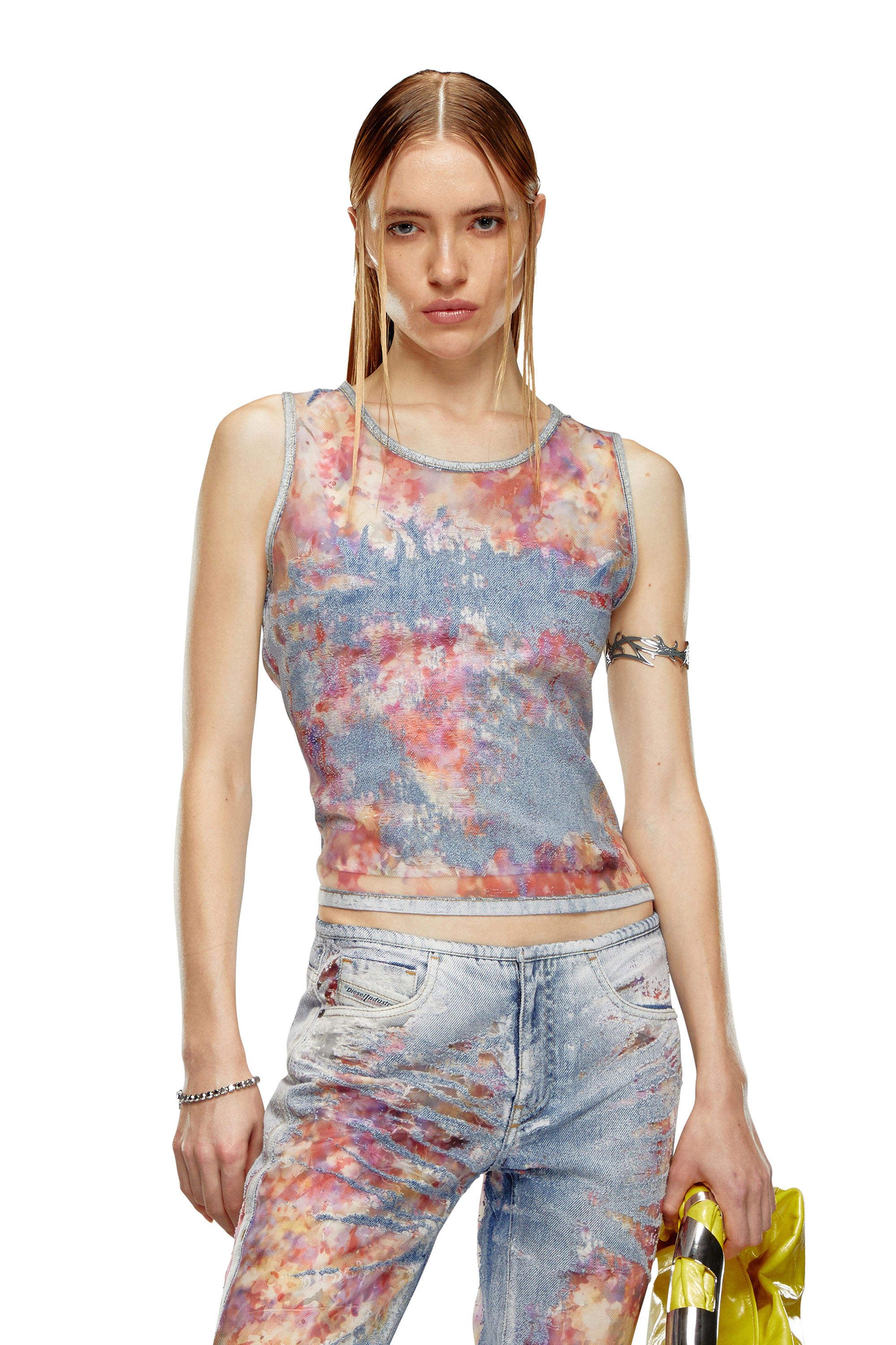 Diesel - DE-CIRI-FSE, Woman's Tank top in flower devoré denim in Blue - 1