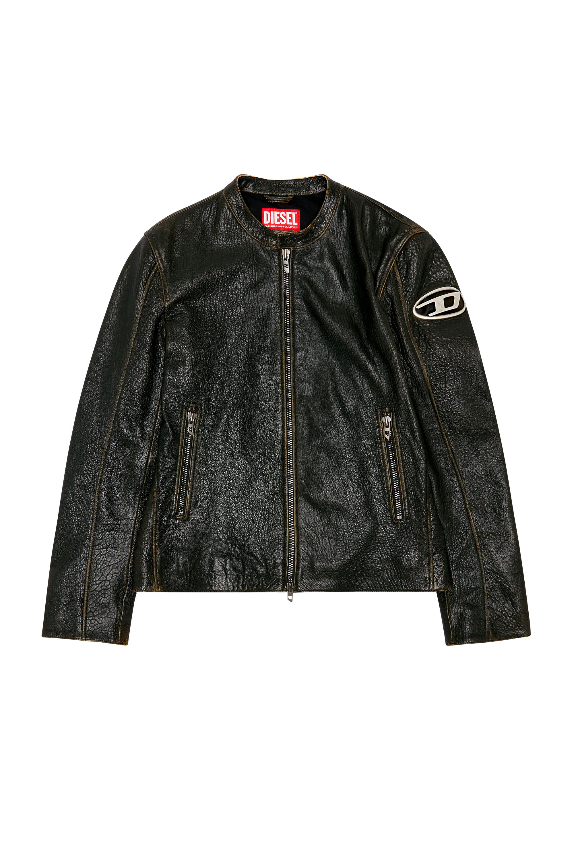 Diesel - L-COBBE, Man's Biker jacket in wrinkled leather in Brown - 6