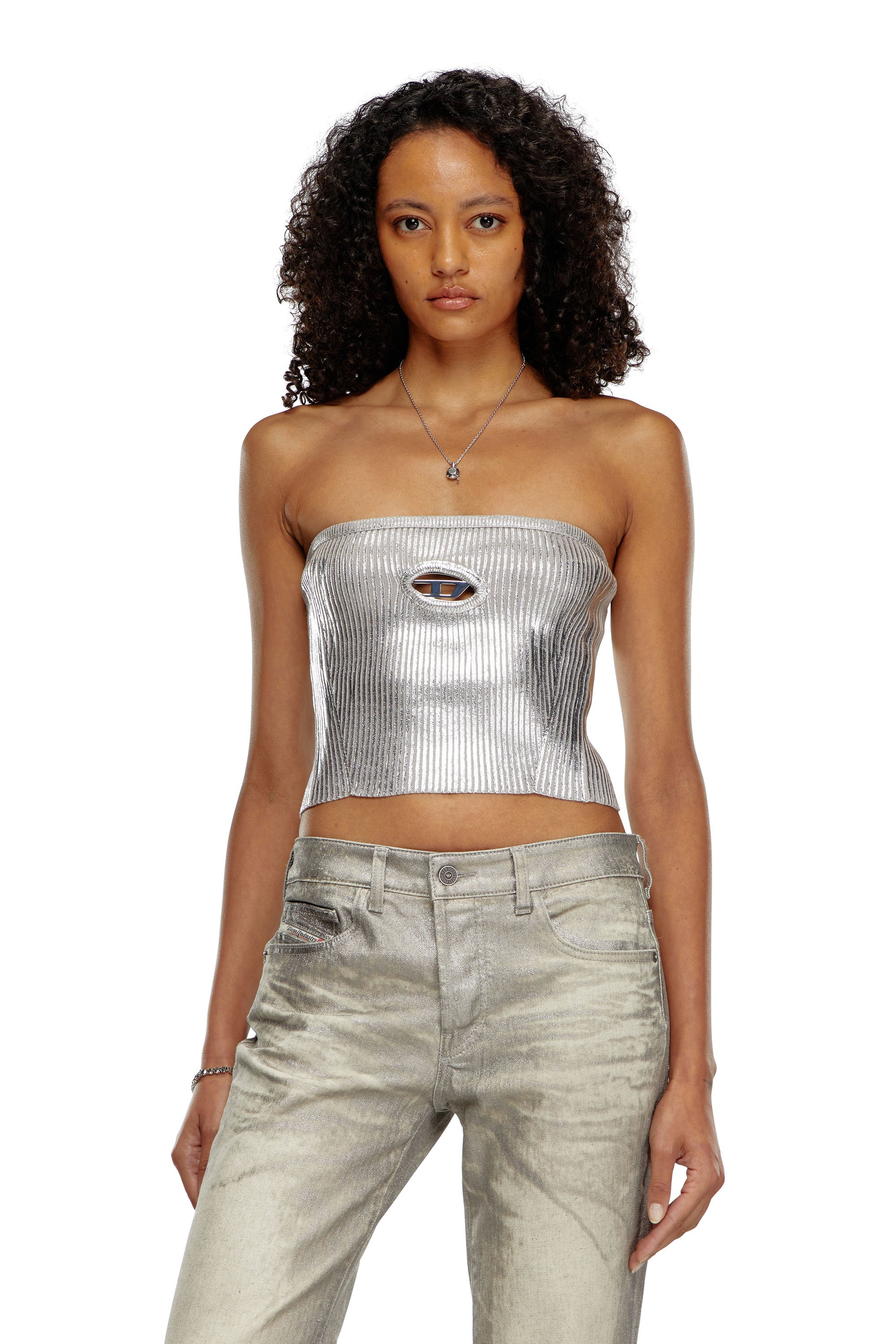 Diesel - M-CLARKSVILLEX-C, Woman's Metallic tube top with logo hardware in Grey - 1