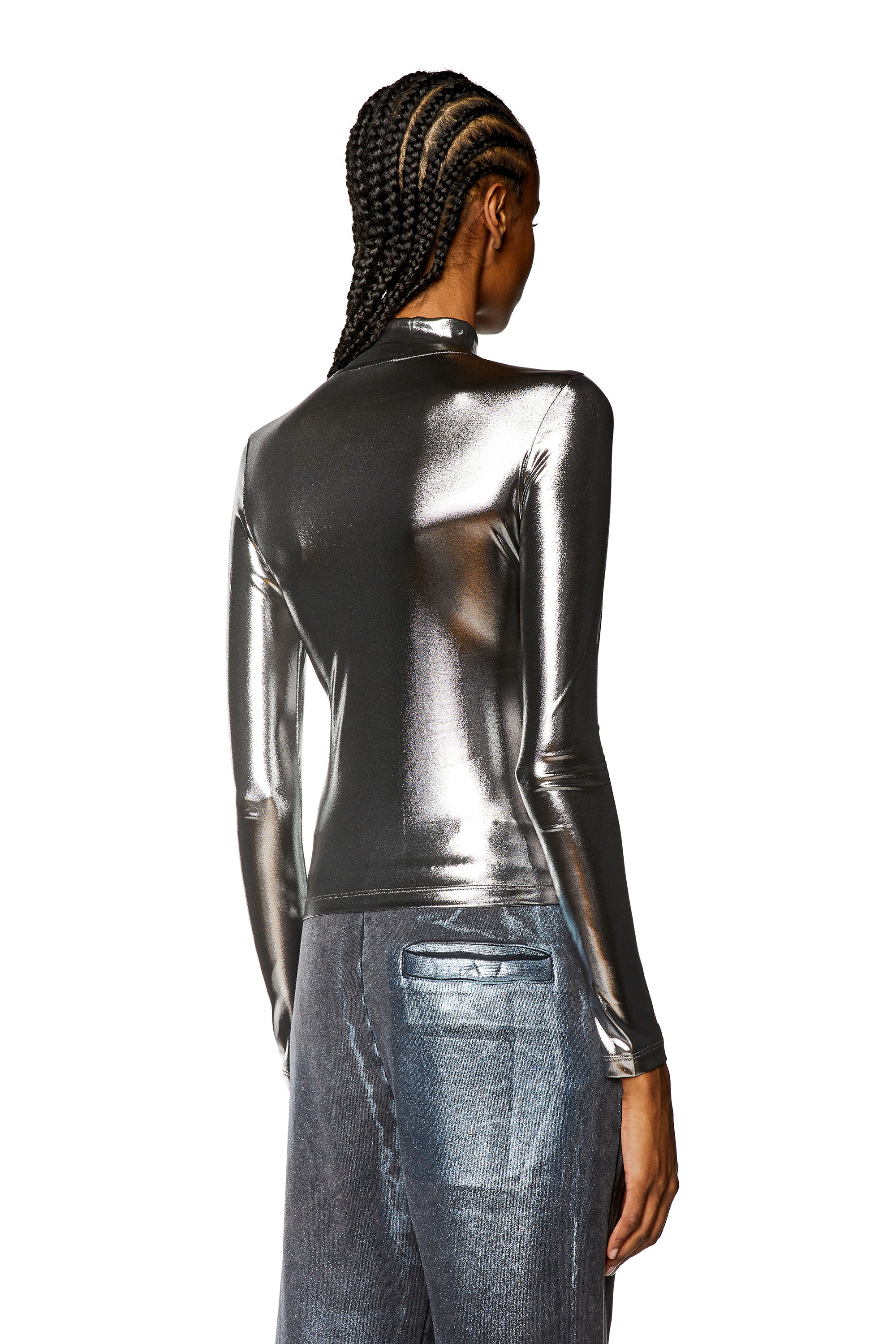 Diesel - T-META, Woman's Metallic top with chain detail in Black - 3