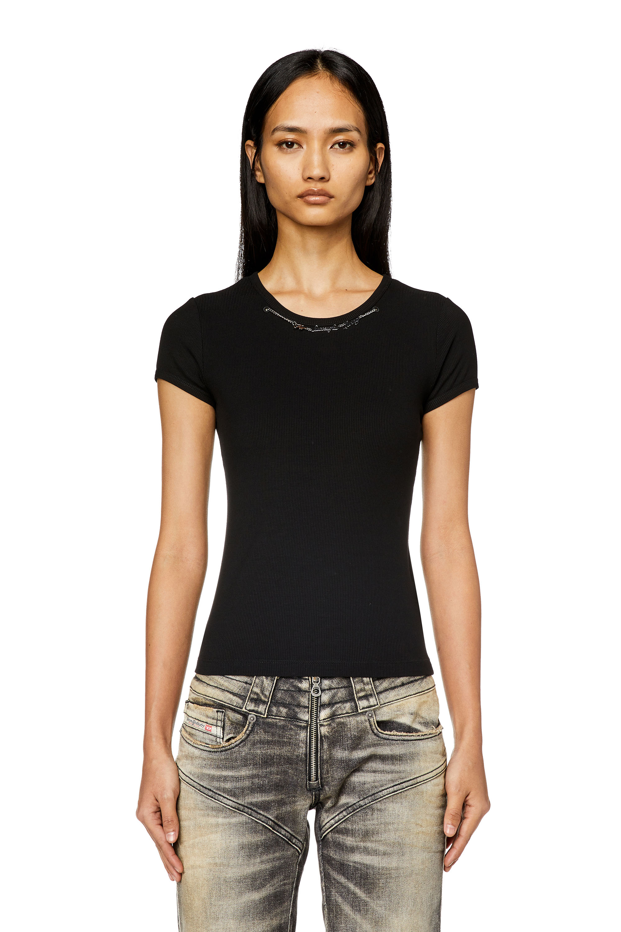 Diesel - T-MATIC, Woman's Ribbed-jersey top with chain necklace in Black - 4