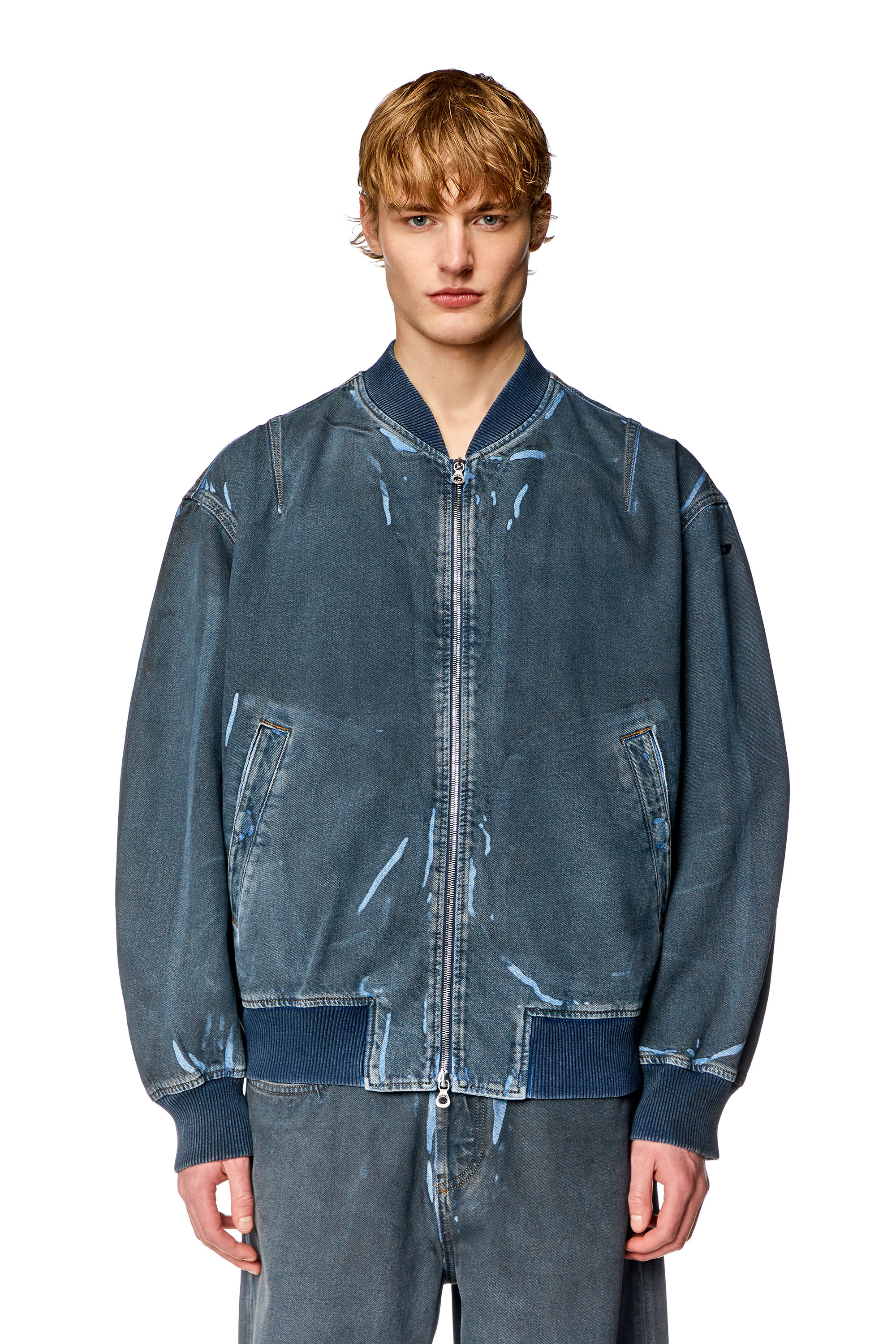 Diesel - D-VINZ-S, Man's Bomber jacket in used-effect coated denim in Dark Blue - 1