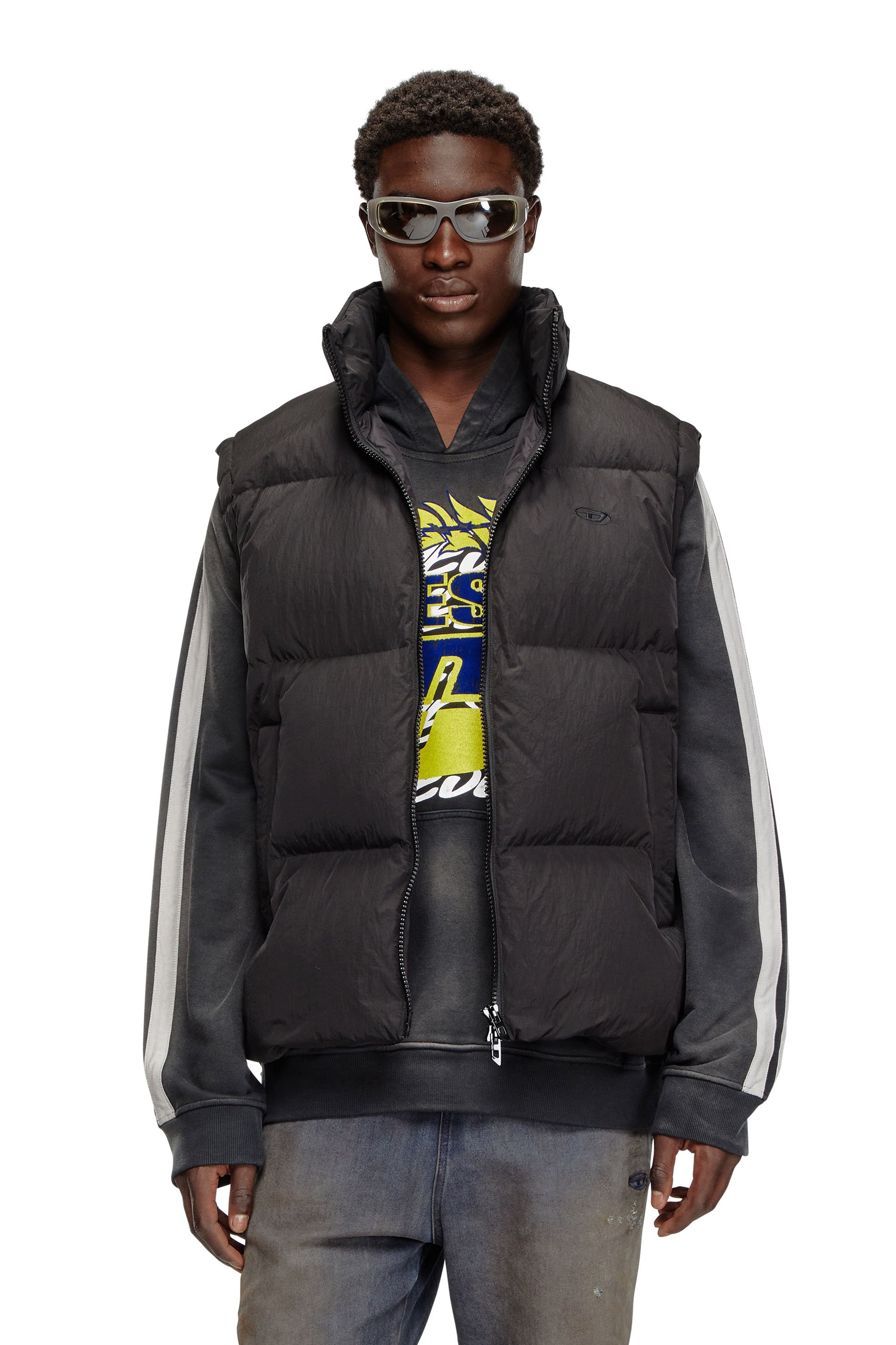 Diesel - W-RAVEEL-SL, Man's Down vest in crinkled nylon in Black - 1